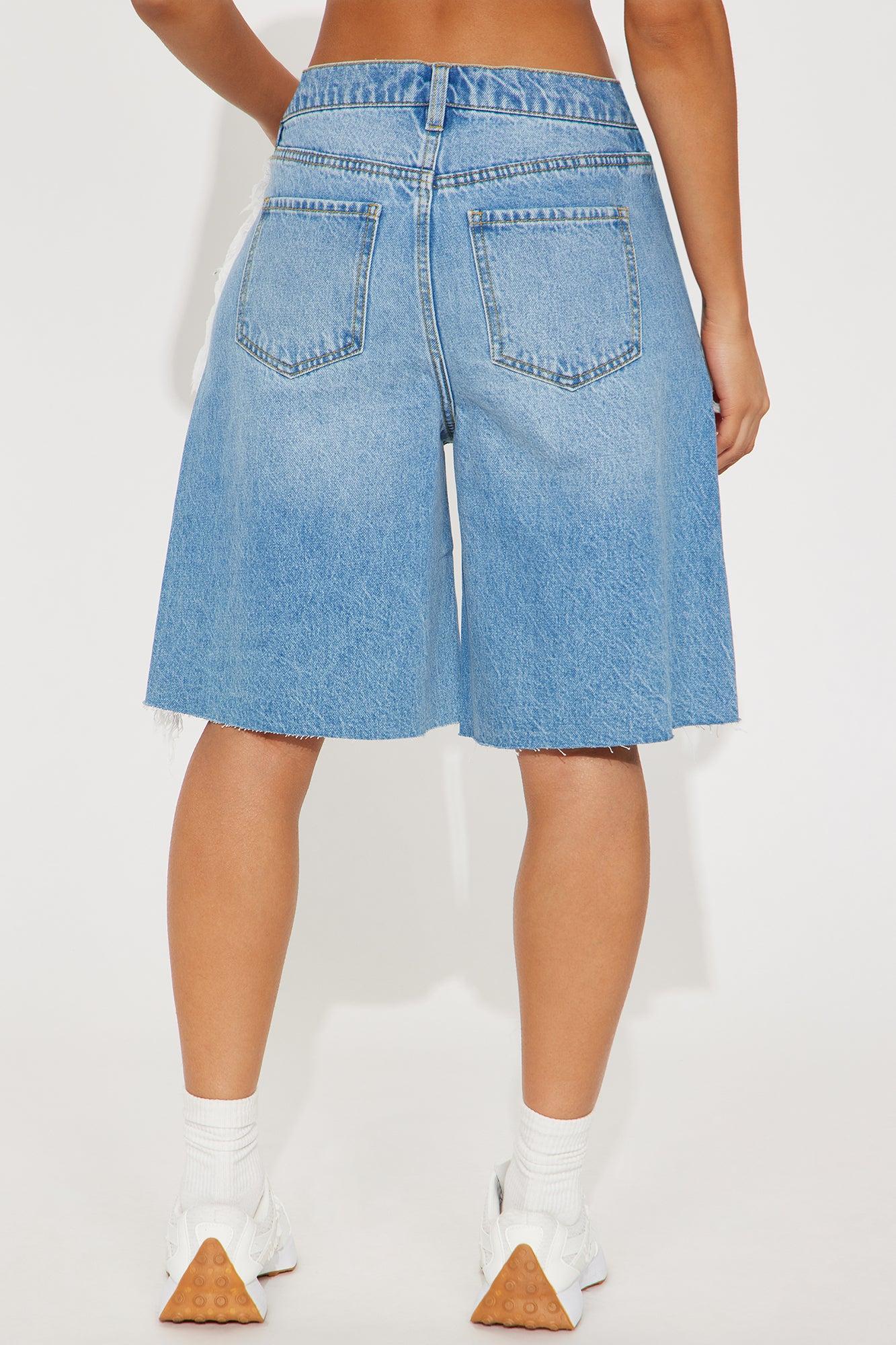 Sahara High Rise Fringed Bermuda Shorts - Medium Wash Female Product Image