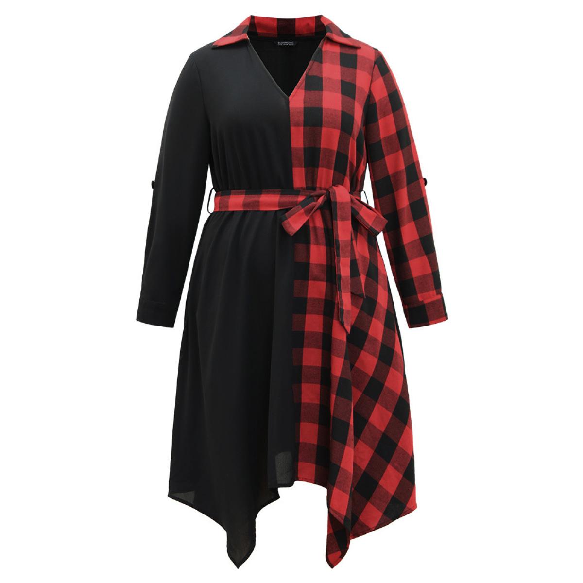 Plus Size Plaid Patchwork Belted Hanky Hem Dress Black Women Casual Belted V-neck Long Sleeve Curvy Midi Dress BloomChic 12/L Product Image