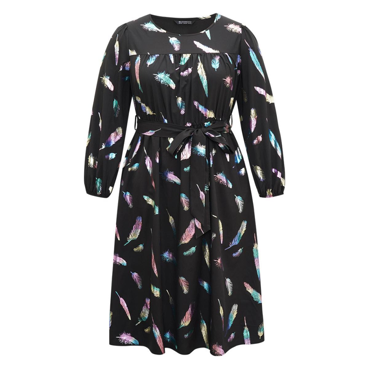 Plus Size Glitter Feather Print Pocket Elastic Waist Dress Black Women Glamour Elastic cuffs Round Neck Long Sleeve Curvy Midi Dress BloomChic 14-16/1X Product Image