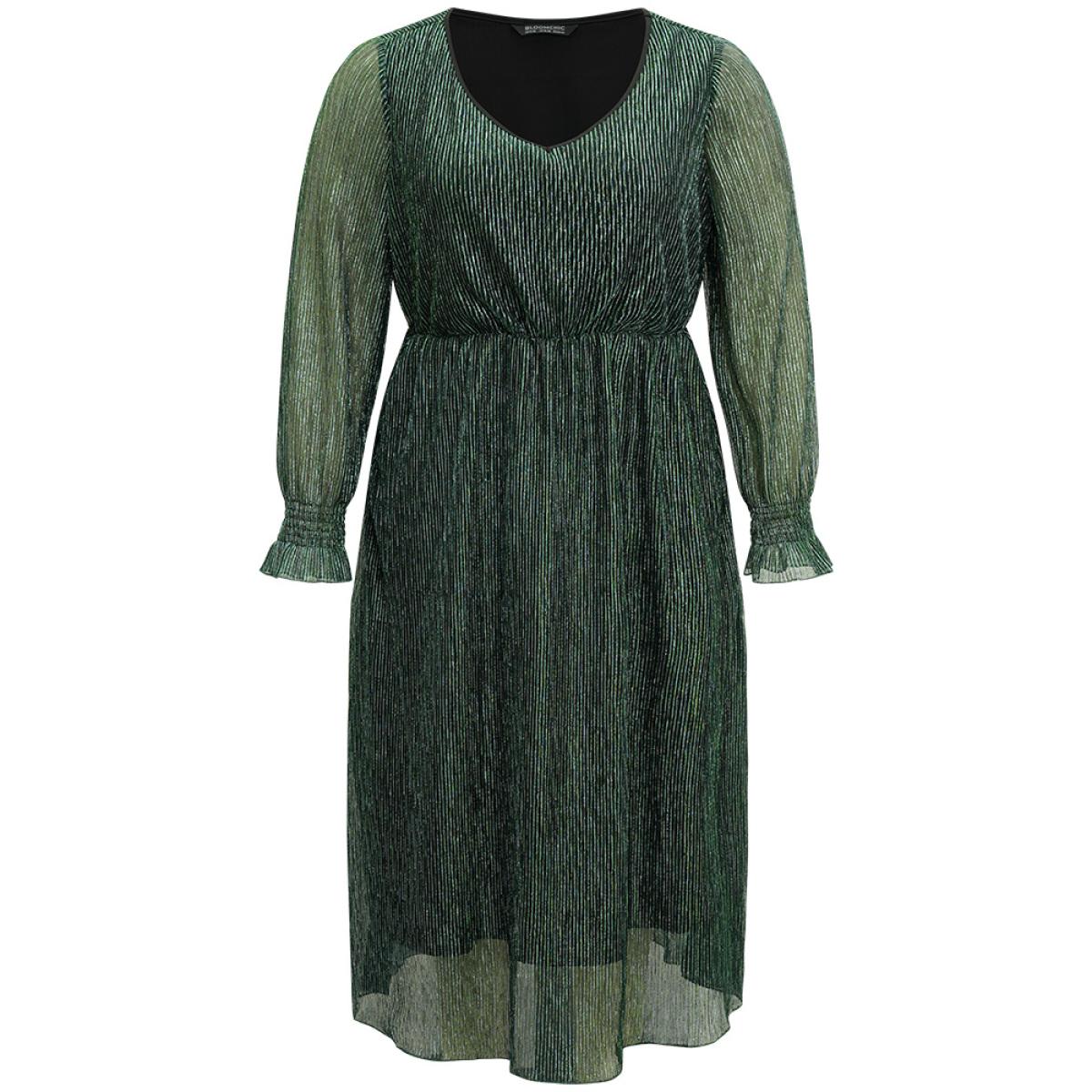 Plus Size Plain Texture Elastic Waist Shirred Mesh Dress DarkGreen Women Cocktail Texture V-neck Long Sleeve Curvy Midi Dress BloomChic 14-16/1X Product Image