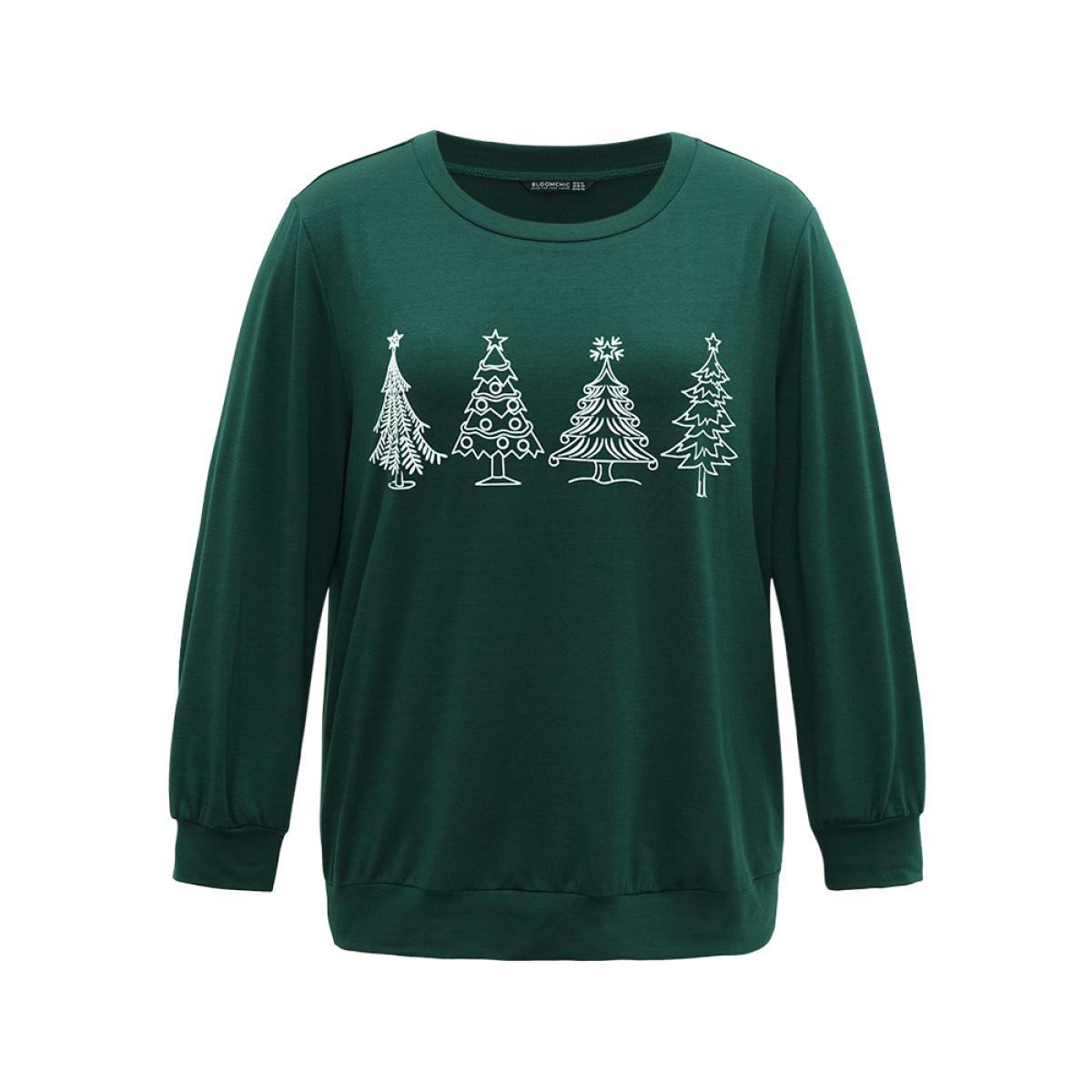 Plus Size Christmas Trees Round Neck Sweatshirt Women DarkGreen Casual Elastic cuffs Festival-Christmas Sweatshirts BloomChic 10/M Product Image