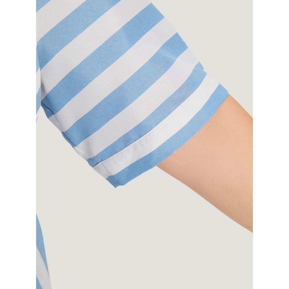 Plus Size Multicolor Striped Shirt Collar Button Through Blouse Women Vacation Half Sleeve Shirt collar Work Blouses BloomChic 10/M Product Image