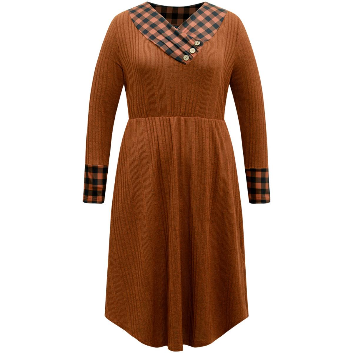 Plus Size Rib Knit Patchwork Plaid Pocket Button Detail Dress Rust Women Casual Rib Knit V-neck Long Sleeve Curvy Midi Dress BloomChic 18-20/2X Product Image