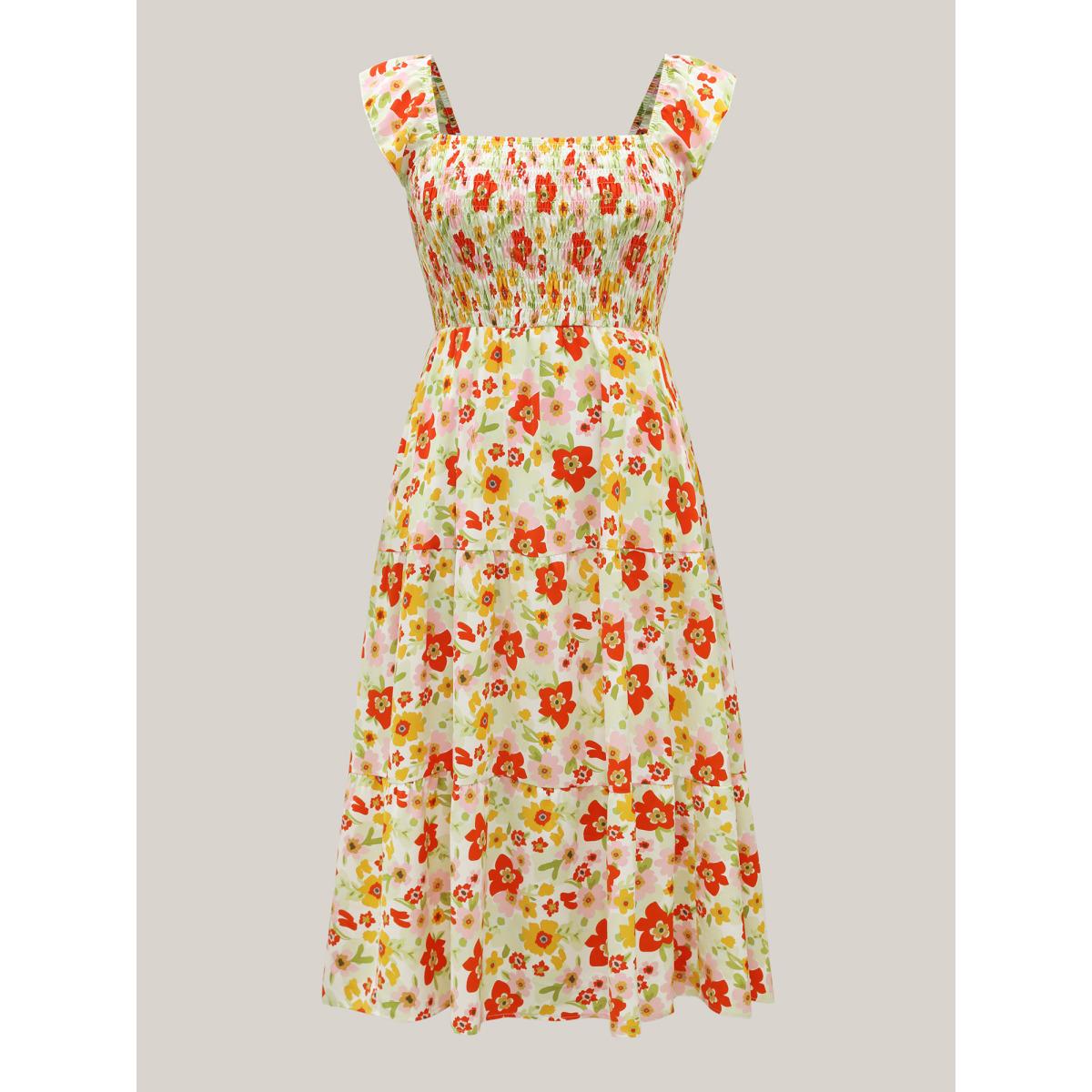 Plus Size Floral Garden Stretchy Waist Shirred Midi Dress Ivory Women Square Neck Cap Sleeve Curvy BloomChic 22-24/3X Product Image