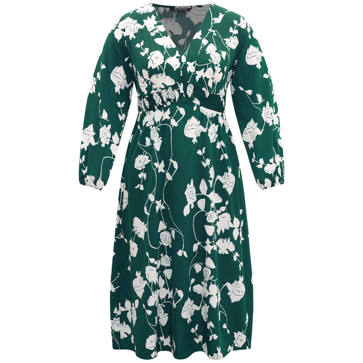 Plus Size Silhouette Floral Print Shirred Elastic Cuffs Dress DarkGreen Women Elegant Elastic cuffs V-neck Long Sleeve Curvy Midi Dress BloomChic 26/4X Product Image