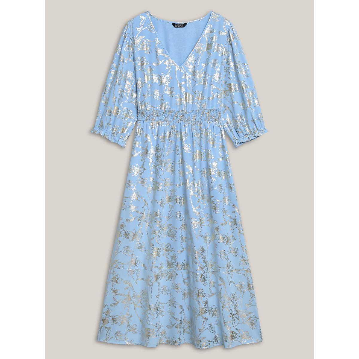 Plus Size Shimmery Textured Shirred Waist Maxi Dress LightBlue Women V-neck Elbow-length sleeve Curvy BloomChic 10/M Product Image