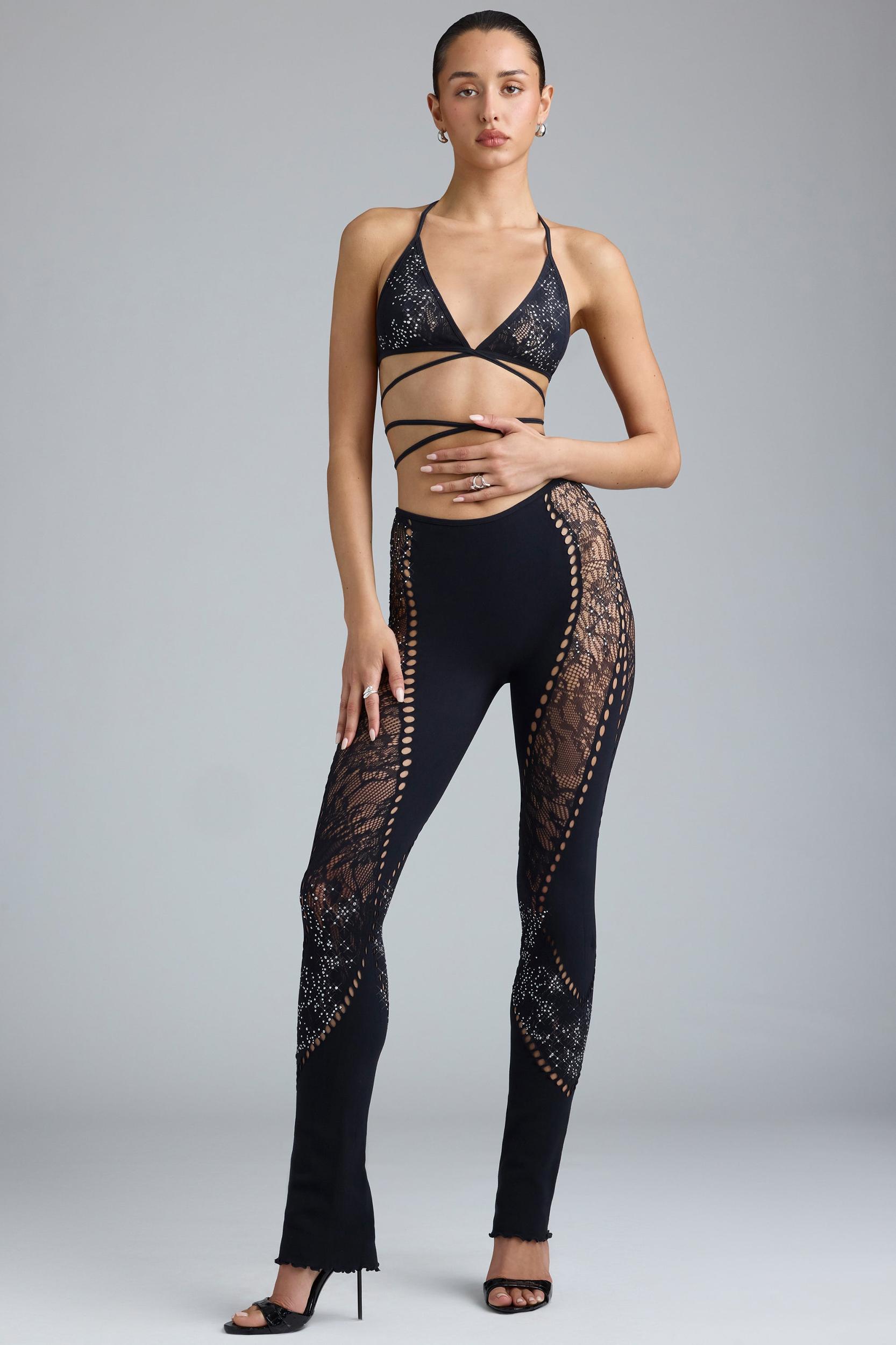 Petite Embellished Mid-Rise Flared Trousers in Black Product Image