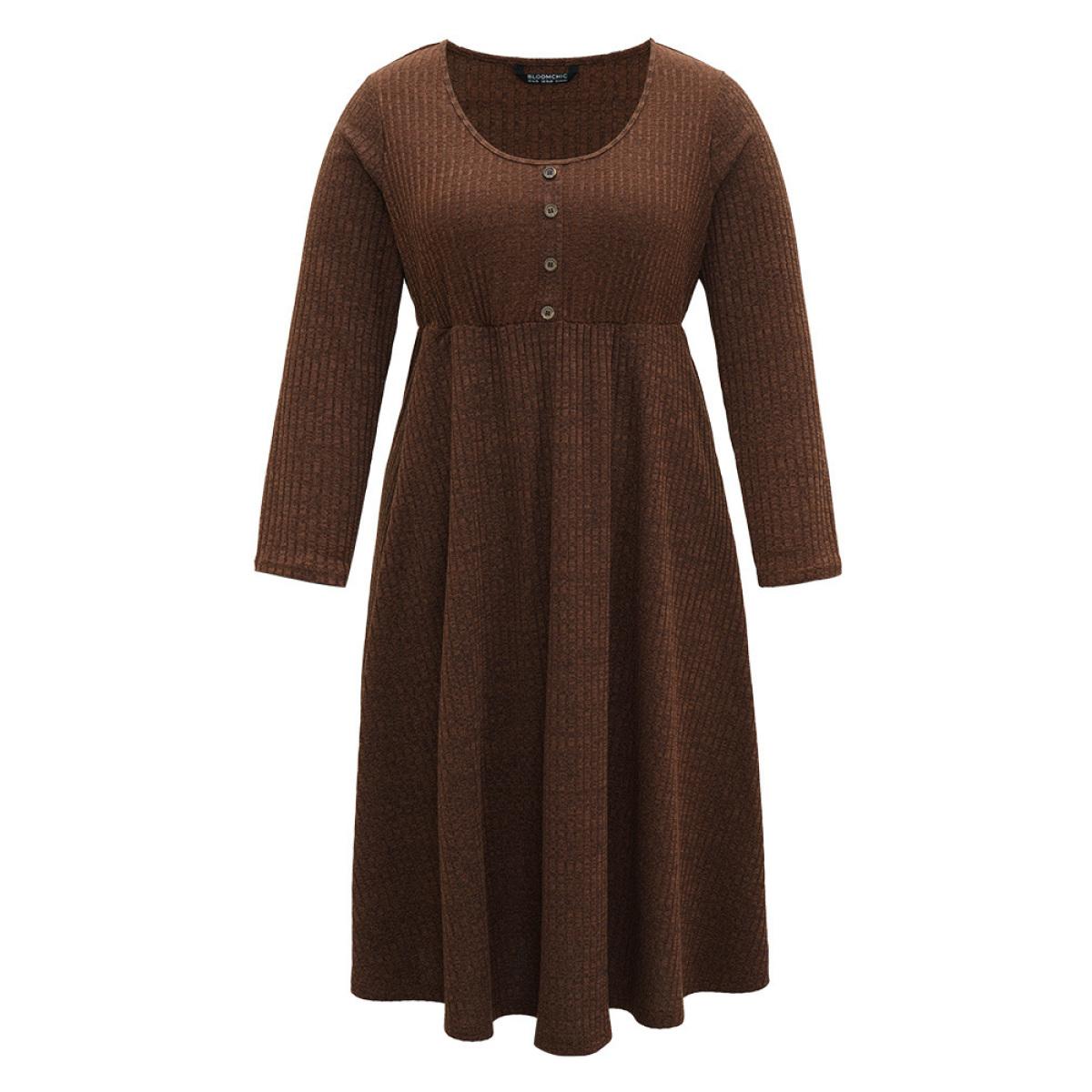 Plus Size Rib Knit Button Detail Gathered Dress DarkBrown Women Casual Texture Round Neck Long Sleeve Curvy Midi Dress BloomChic 12/L Product Image
