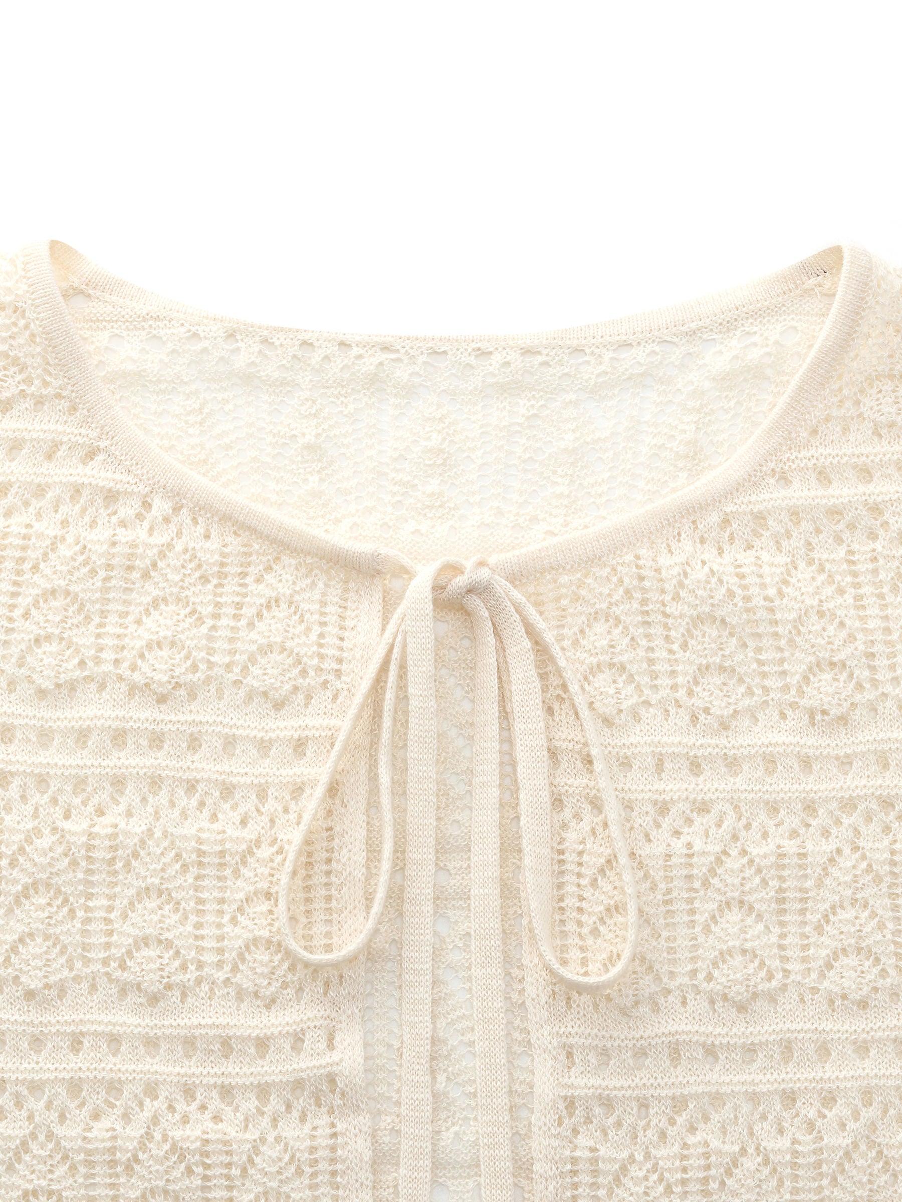 Tie Front Openwork Cardigan And Knit Strap Dress Two-Piece Set Product Image