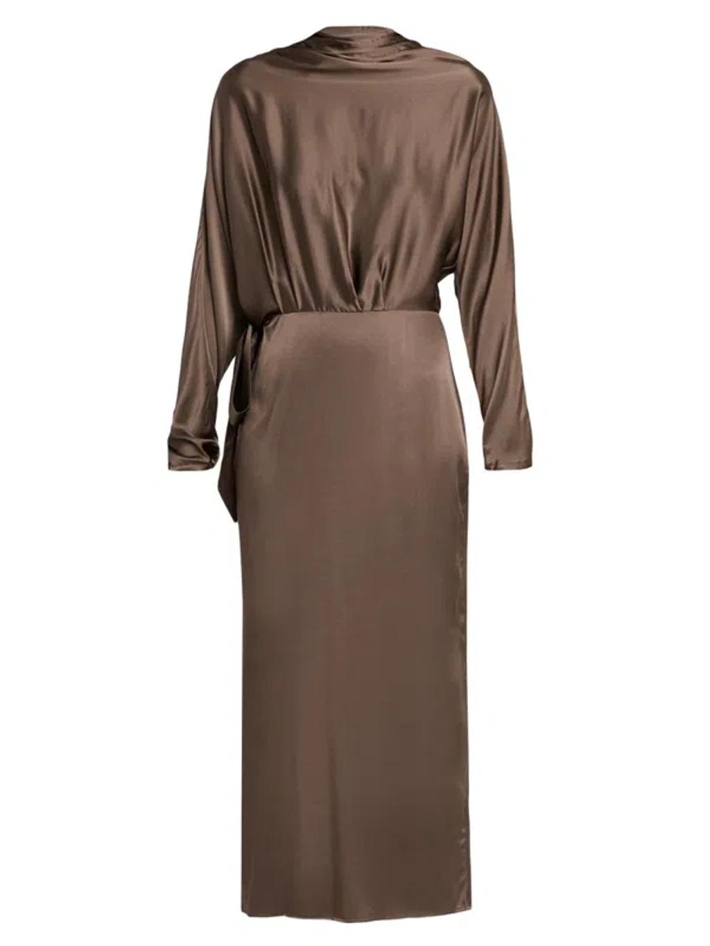 STAUD Phoebe Long-sleeved Draped Midi Dress In Brown Product Image