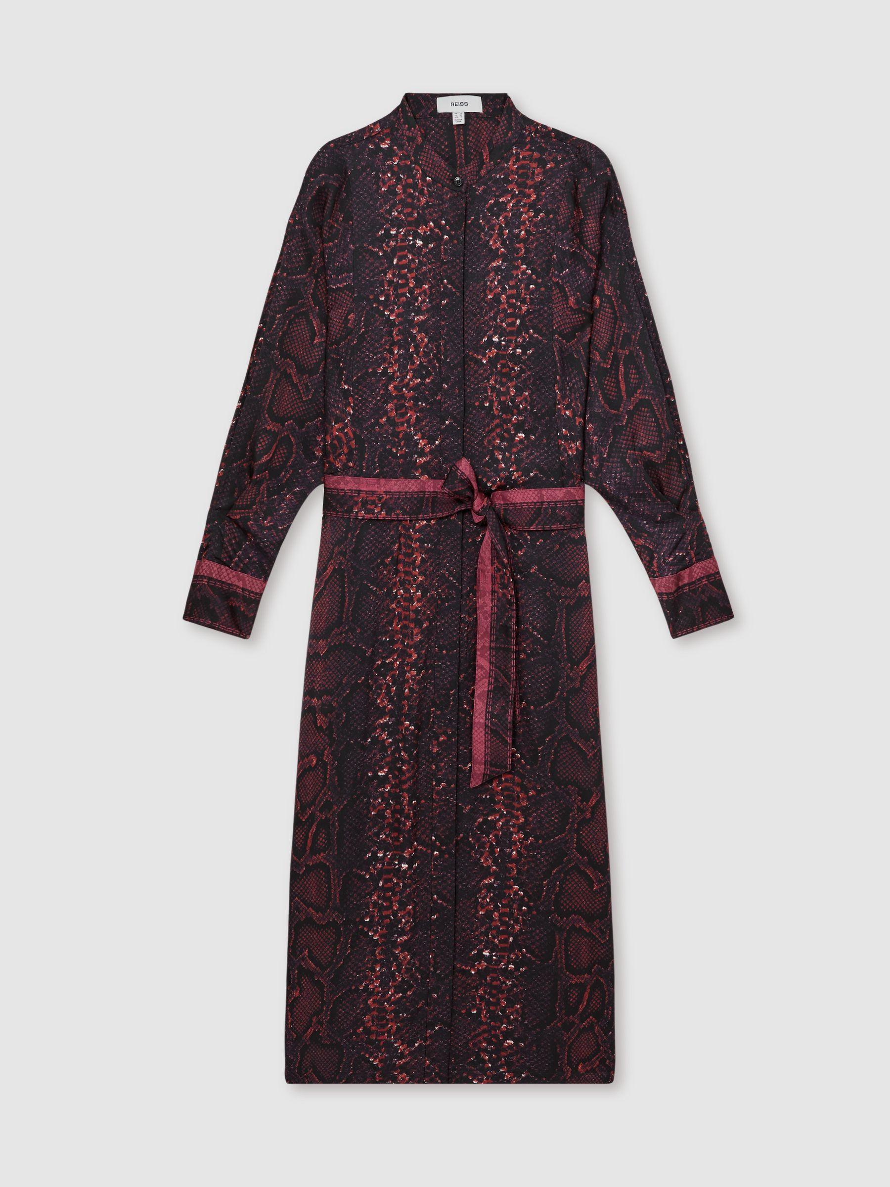 Snake-Print Belted Shirt Dress in Burgundy/Black Product Image