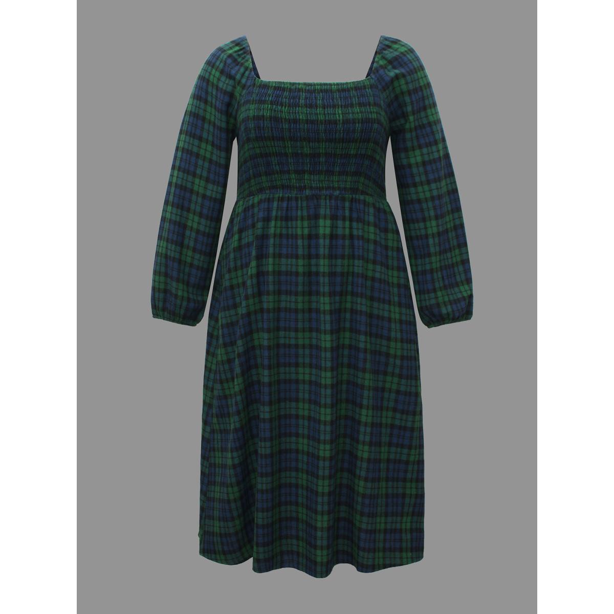 Plus Size Plaid Square Neck Shirred Midi Dress DarkGreen Women Elegant Shirred Square Neck Long Sleeve Curvy BloomChic 14-16/1X Product Image