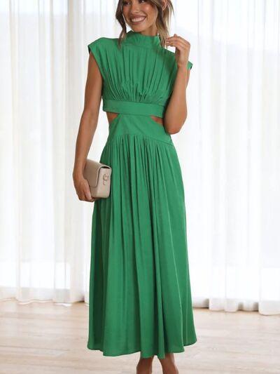 Cutout Mock Neck Sleeveless Ruched Dress Product Image