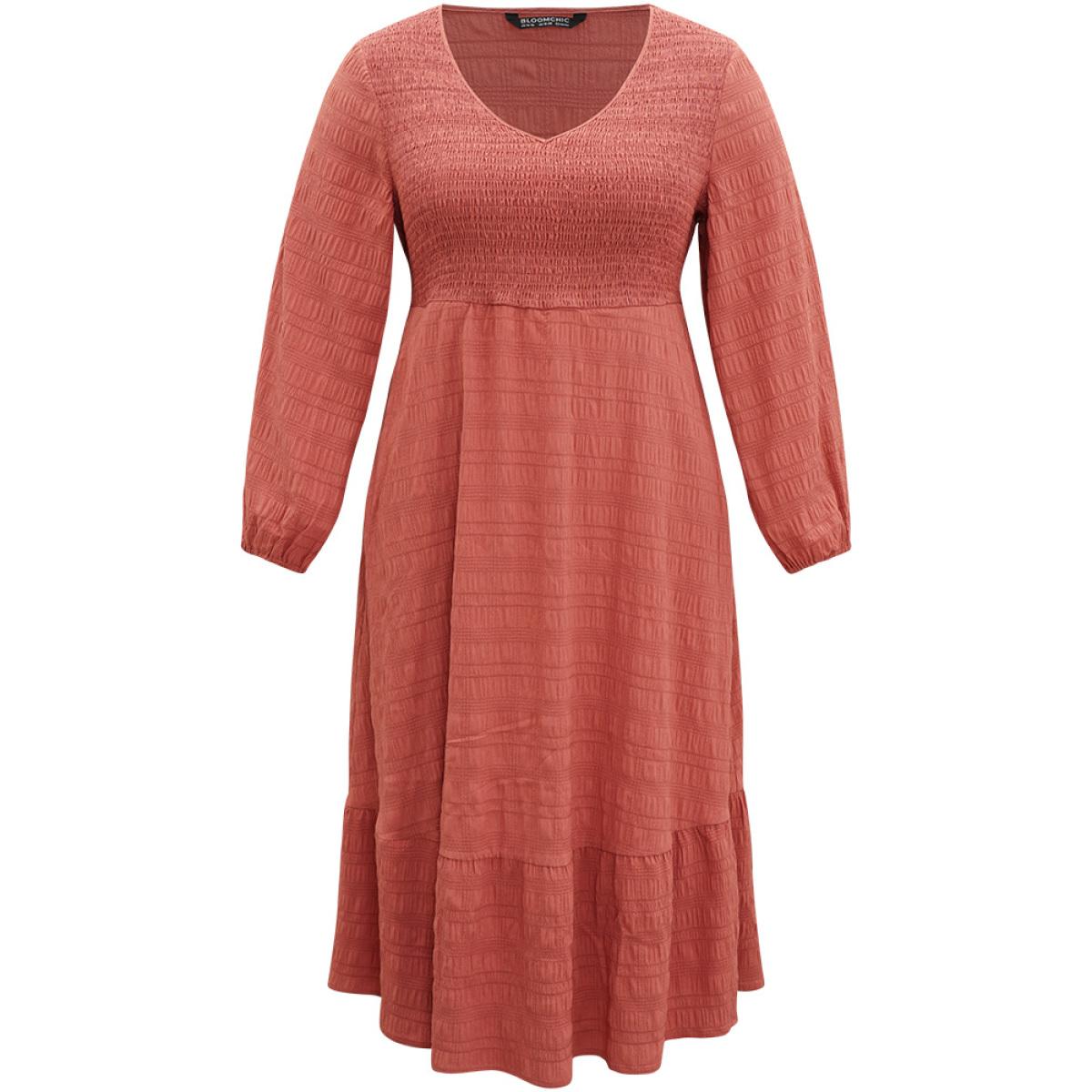 Plus Size Solid Shirred Plisse Flutter Hem Dress Chocolate Women Elegant Elastic cuffs V-neck Long Sleeve Curvy Midi Dress BloomChic 22-24/3X Product Image