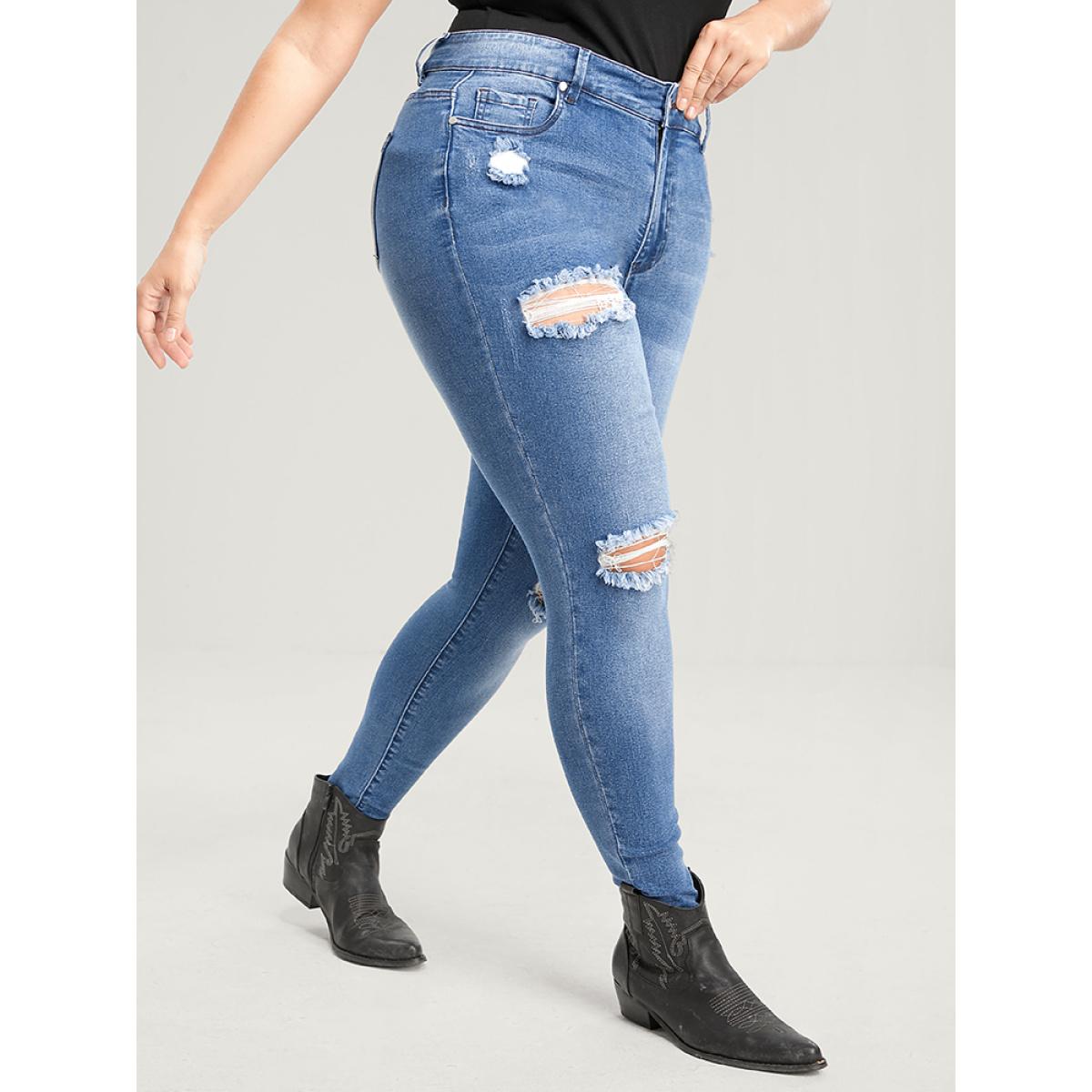 Plus Size Skinny Very Stretchy High Rise Asymmetrical Distressed Jeans Women Blue Casual Plain High stretch Pocket Jeans BloomChic 20/2X Product Image