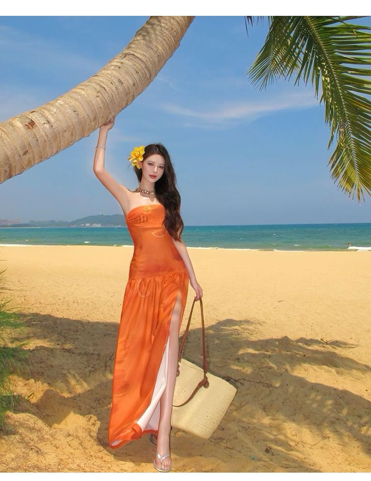 Strapless Printed Slit Midi A-Line Dress Product Image