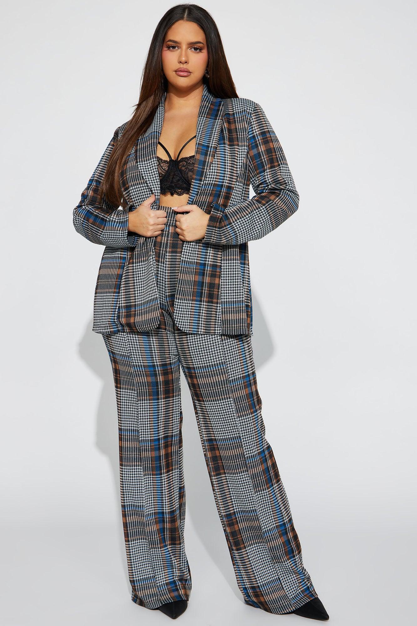 Business Time Plaid Blazer Pant Set - Blue/combo Product Image
