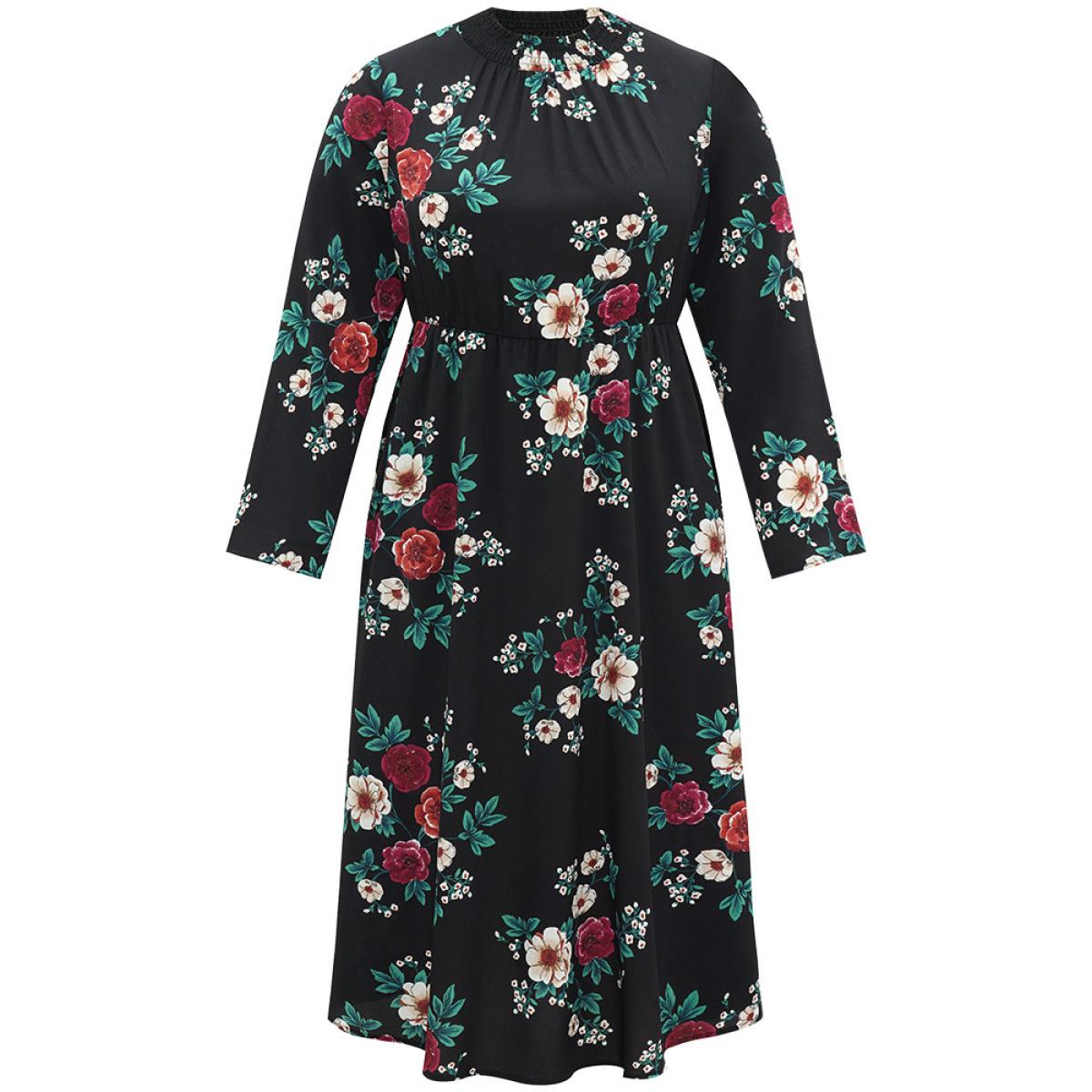 Plus Size Floral Print Shirred Mock Neck Dress Black Women Elegant Printed Mock Neck Long Sleeve Curvy Midi Dress BloomChic 26/4X Product Image