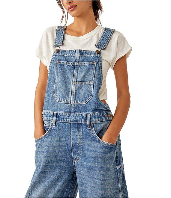Free People We The Free Good Luck Denim Square Neck Barrel Leg Overalls Product Image