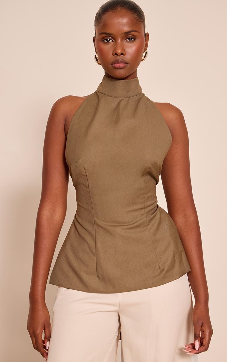 Mushroom Woven High Neck Open Tie Back Top Product Image