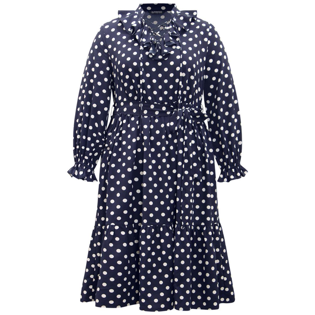 Plus Size Polka Dot Ruffle Trim Belted Lace Up Dress Indigo Women Office Belted Tie Neck Long Sleeve Curvy Midi Dress BloomChic 12/L Product Image