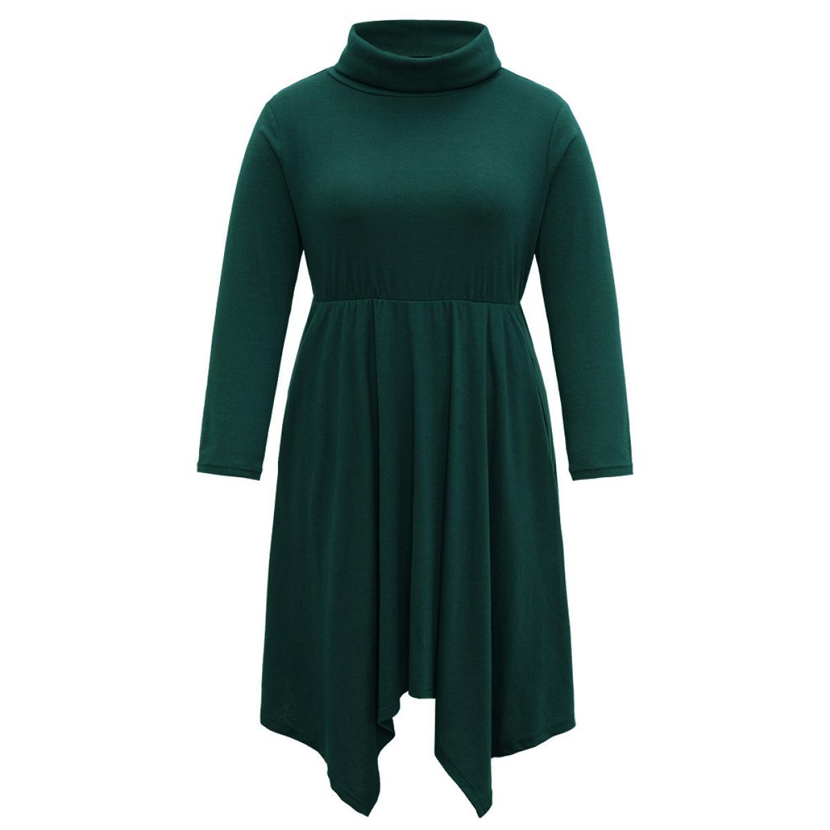 Plus Size Solid Turtleneck Hanky Hem Pocket Dress DarkGreen Women Casual Plain Turtleneck Long Sleeve Curvy Midi Dress BloomChic 22-24/3X Product Image