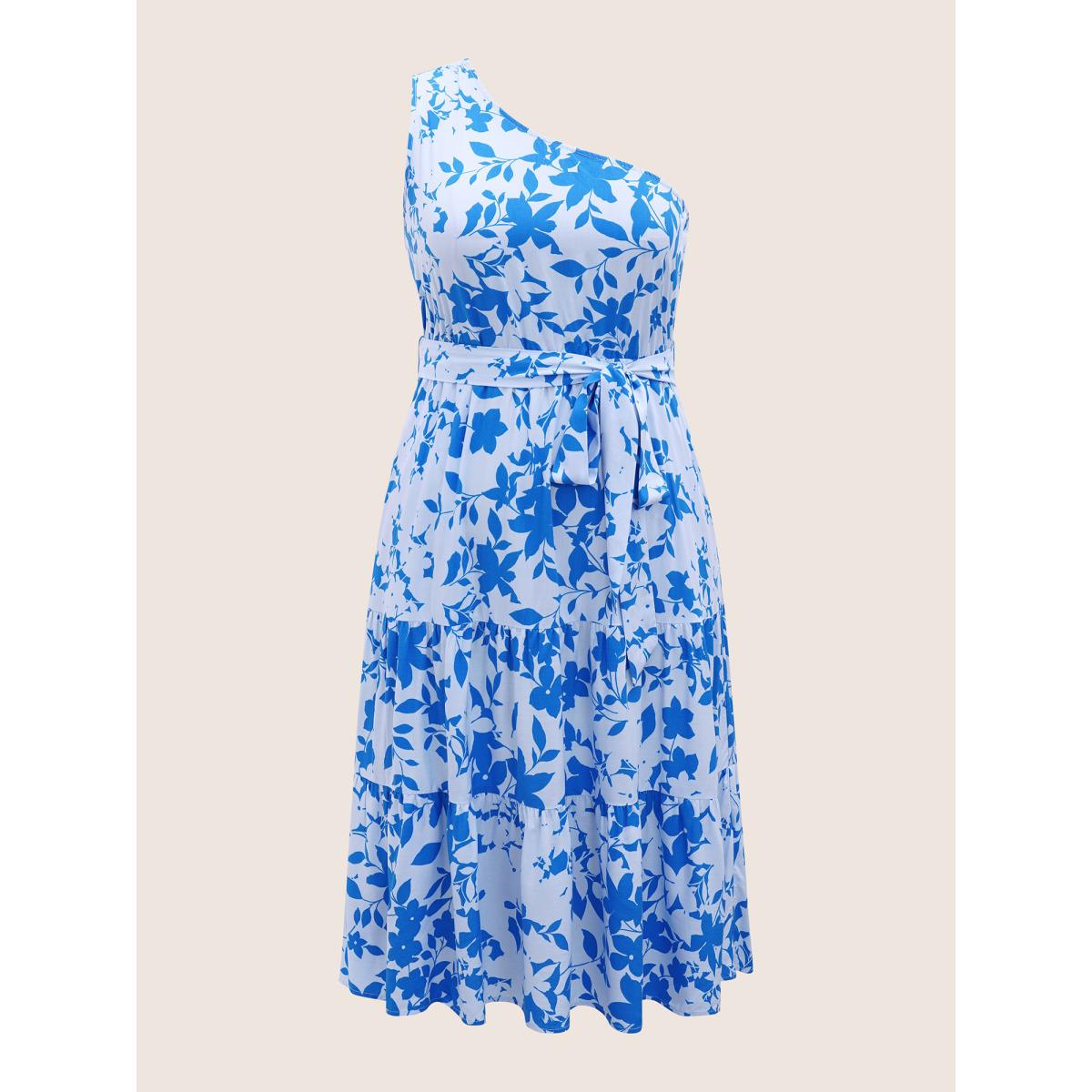 Plus Size Silhouette Floral Print One Shoulder Belted Dress Blue Women Elegant Belted Asymmetrical Neck Long Sleeve Curvy Midi Dress BloomChic 30/6X Product Image