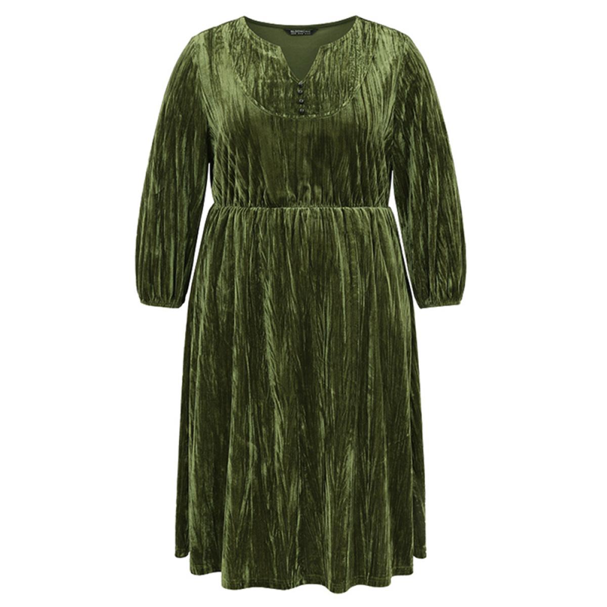 Plus Size Velvet Button Detail Notched Elastic Waist Dress ArmyGreen Women Elegant Velvet Notched collar Long Sleeve Curvy Midi Dress BloomChic 12/L Product Image