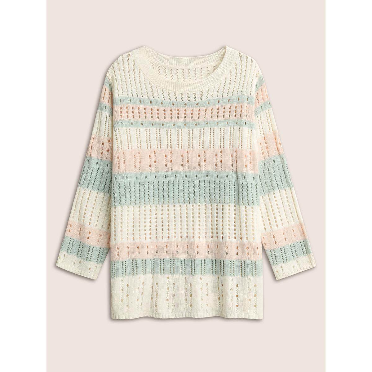 Plus Size Colorblock Contrast Cut Out Texture Pullover Ivory Women Casual Long Sleeve Round Neck Everyday Pullovers BloomChic 12/L Product Image