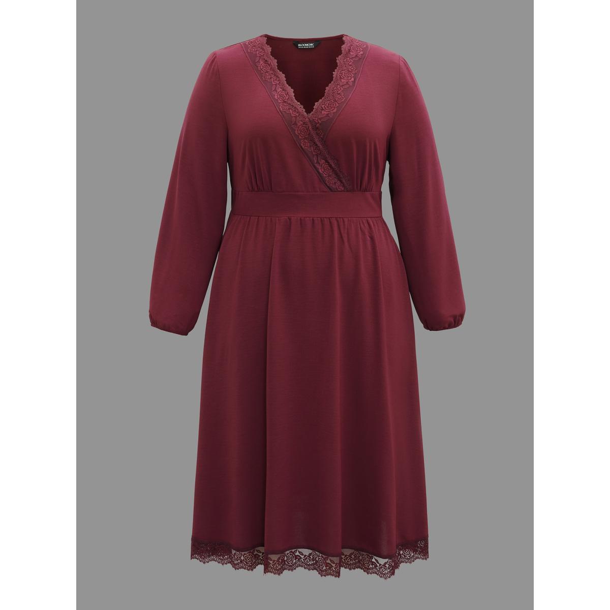Plus Size Lace Detail Surplice Neckline Midi Dress Burgundy Women Elegant Woven ribbon&lace trim Overlap Collar Long Sleeve Curvy BloomChic 10/M Product Image