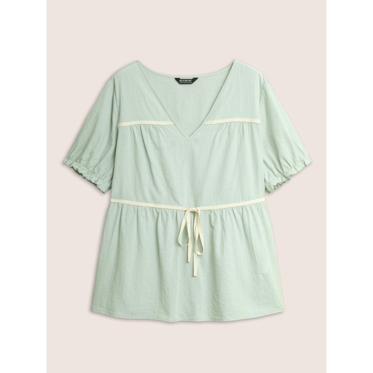 Plus Size Palemauve Textured Tie Knot Lantern Sleeve Blouse Women Casual Short sleeve V-neck Everyday Blouses BloomChic 14-16/1X Product Image