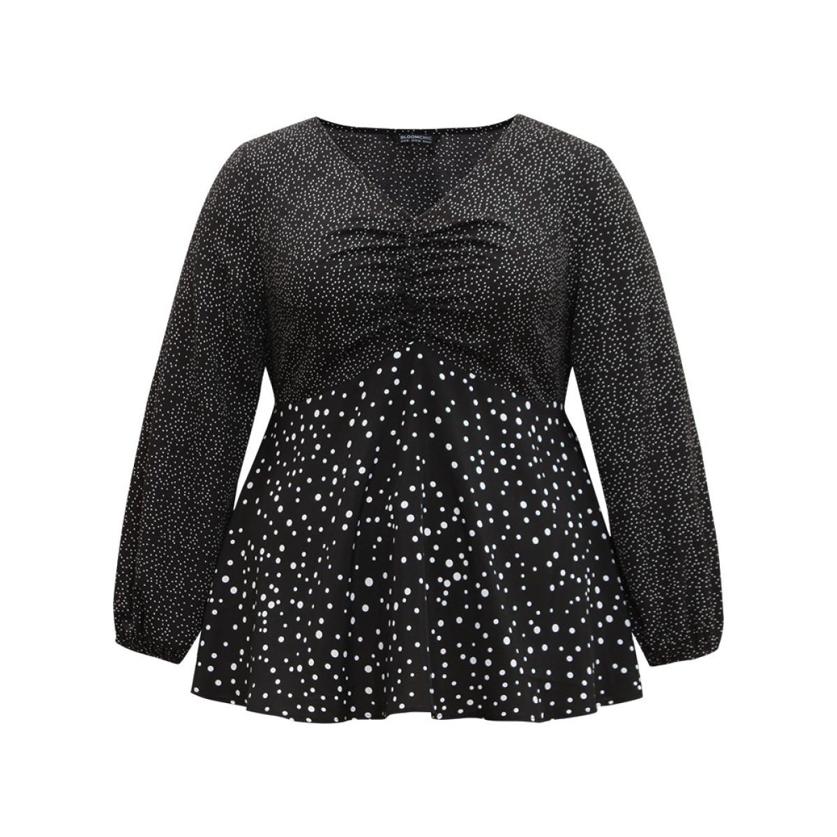Plus Size Black Polka Dot Ruched Ties Lantern Sleeve Blouse Women Elegant Long Sleeve V-neck Dailywear Blouses BloomChic 10/M Product Image