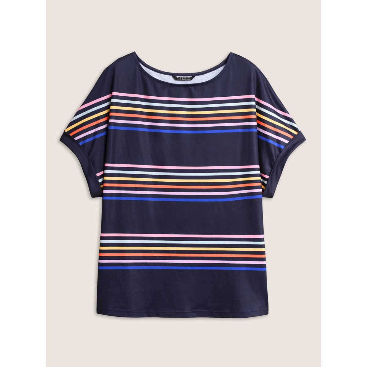 Plus Size Colored Striped Boat Neck Batwing Sleeve T-shirt Indigo Women Casual Contrast Boat Neck Everyday T-shirts BloomChic 28/5X Product Image