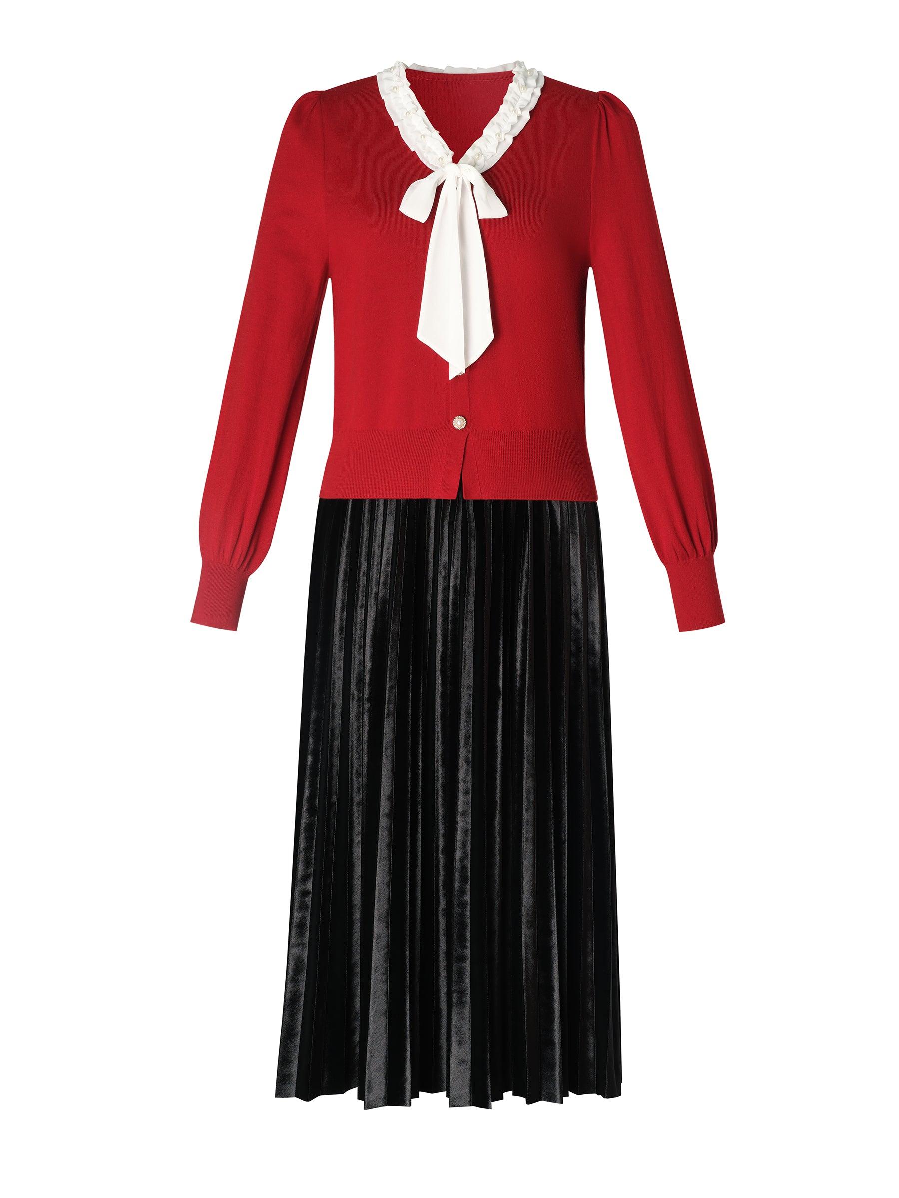 Knit Top And Velvet Pleated Skirt Two-Piece Set With Detachable Ribbon Product Image