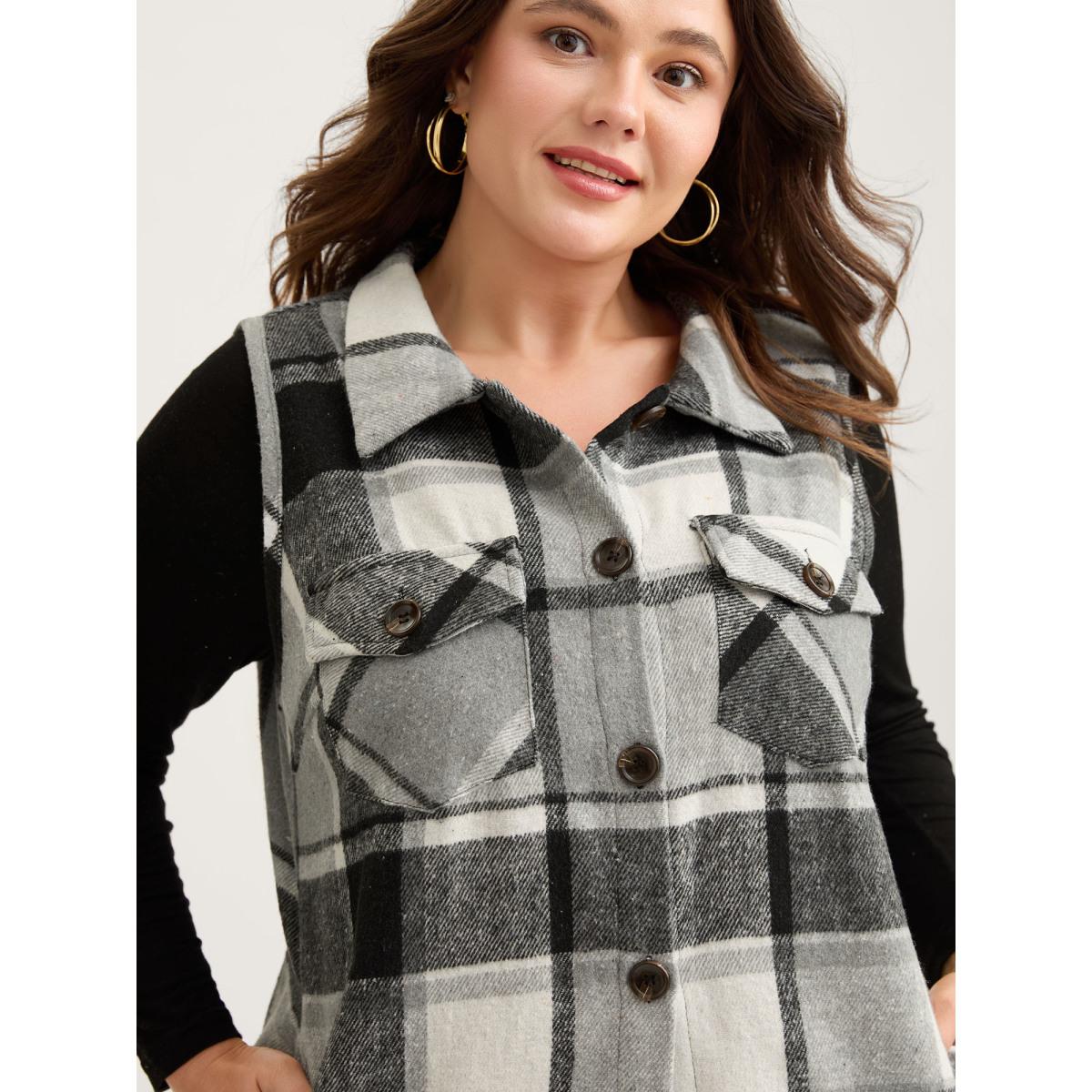 Plus Size Plaid Flap Detail Sleeveless Jacket Women Black Button Side seam pocket Casual Jackets BloomChic 30/6X Product Image