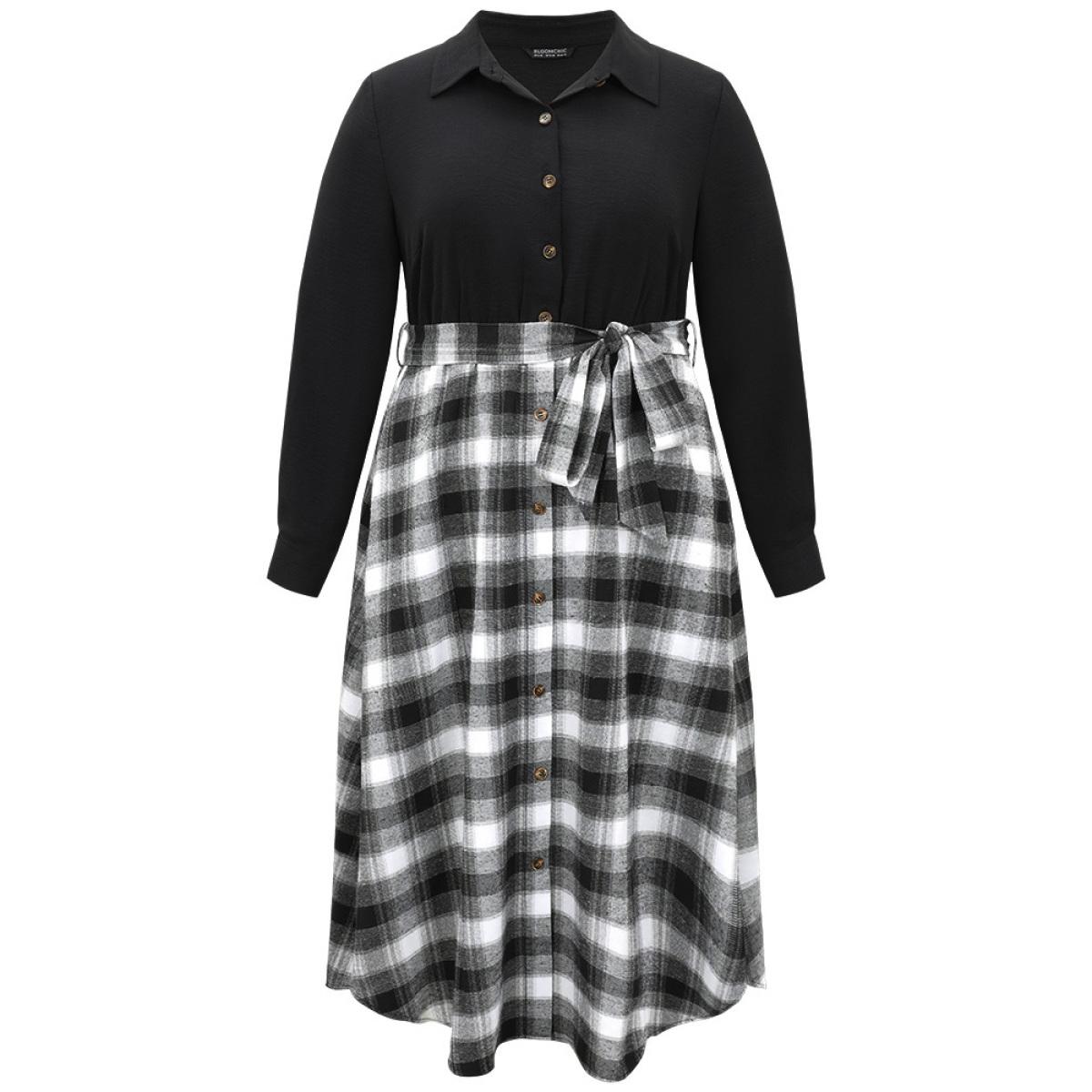 Plus Size Plaid Patchwork Button Through Belted Dress Black Women Office Belted Shirt collar Long Sleeve Curvy Midi Dress BloomChic 30/6X Product Image