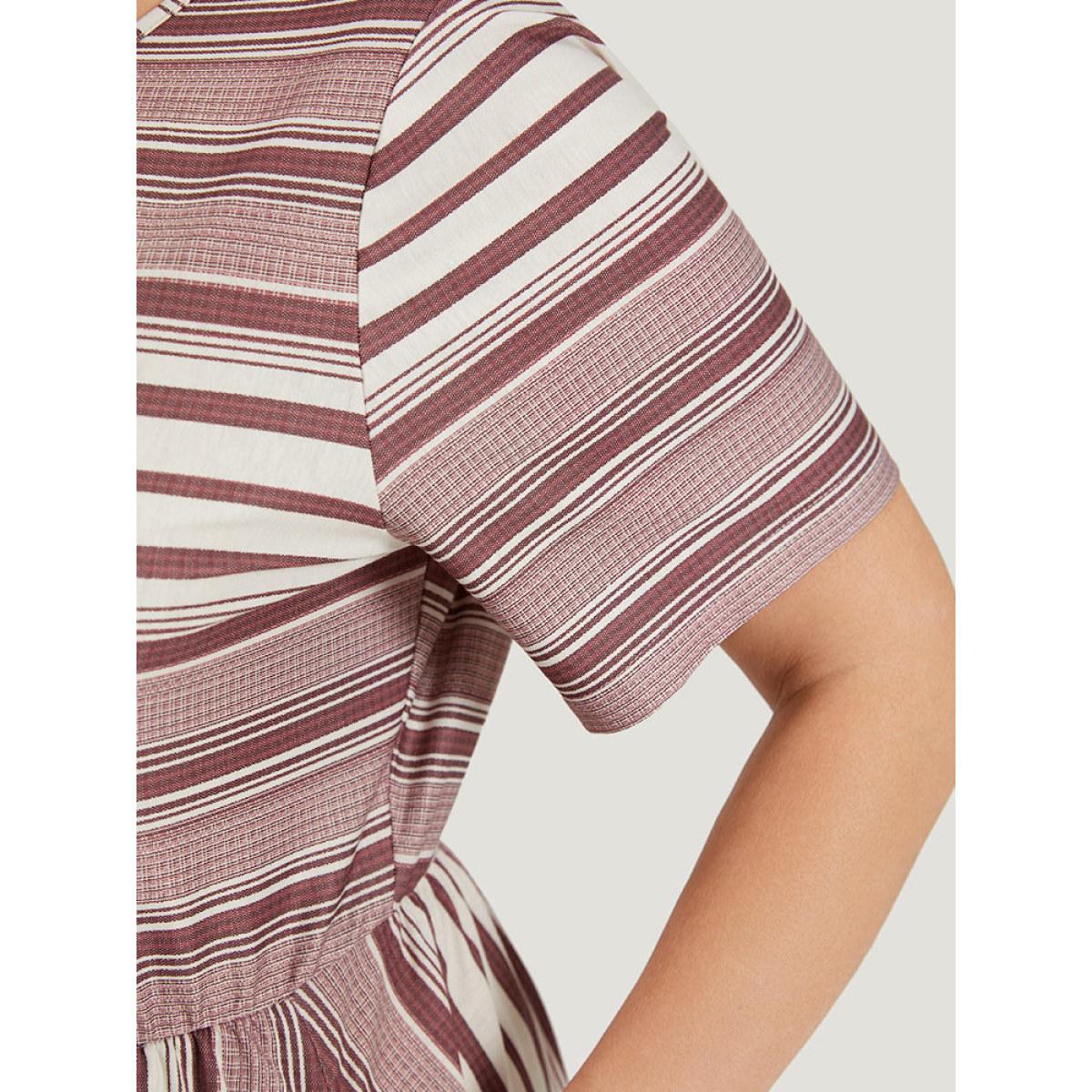 Plus Size Striped Pocket Elastic Waist Keyhole Dress Burgundy Women Casual Cut-Out Round Neck Short sleeve Curvy Midi Dress BloomChic 12/L Product Image