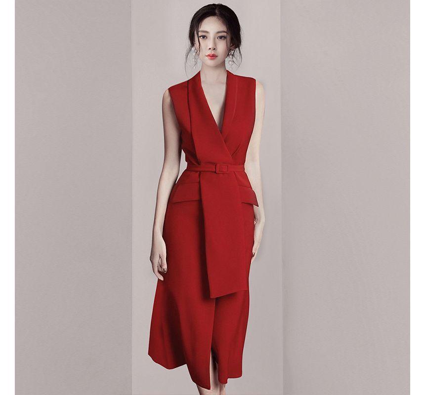 Sleeveless Asymmetrical Lapel Plain Belted Midi A-Line Dress Product Image