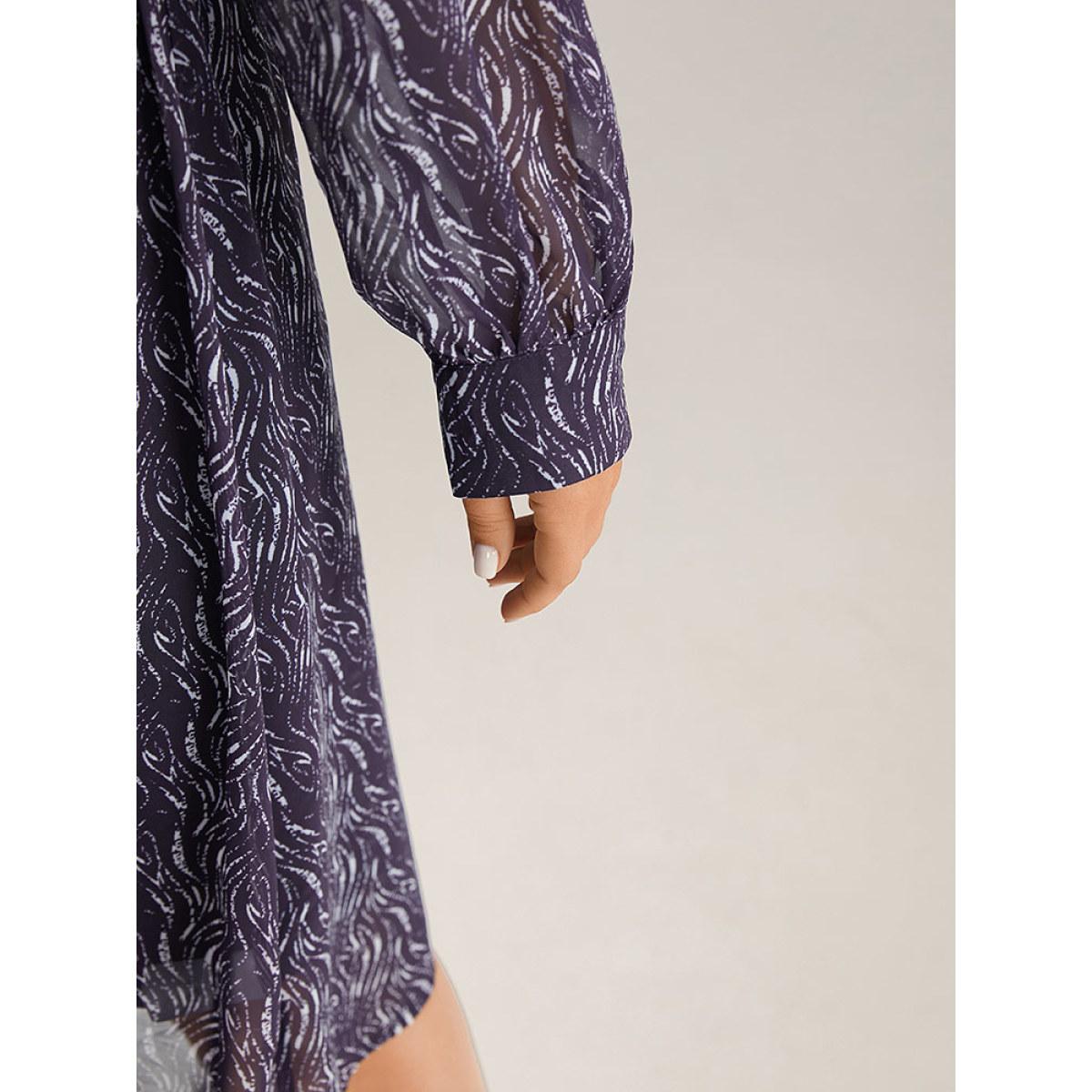 Plus Size Geometric Mesh Elastic Waist Belted Dress Indigo Women Office See through Round Neck Long Sleeve Curvy Midi Dress BloomChic 14-16/1X Product Image