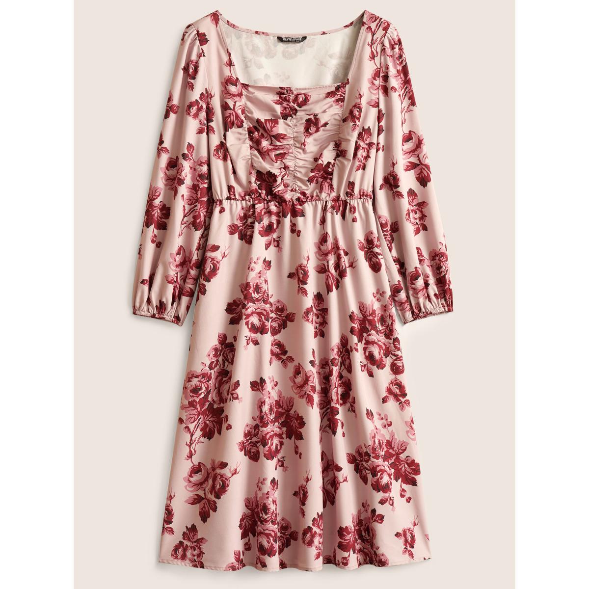 Plus Size Floral Ruched Square Neck Lantern Sleeve Dress DustyPink Women Elegant Non Square Neck Long Sleeve Curvy Midi Dress BloomChic 12/L Product Image