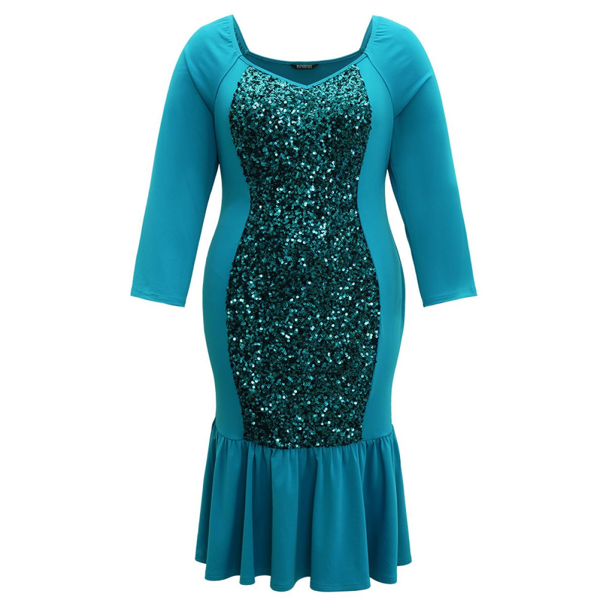 Plus Size Halloween Sequin Patchwork Mermaid Hem Dress Teal Women Glamour Gathered Square Neck Long Sleeve Curvy Midi Dress BloomChic 10/M Product Image