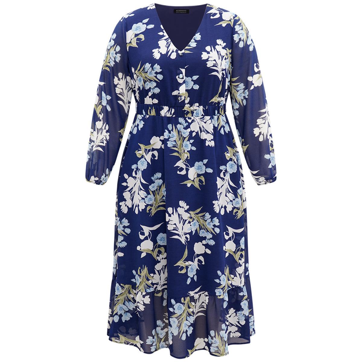 Plus Size Floral Print Chiffon Pocket Elastic Waist Gathered Dress DarkBlue Women Elegant Elastic cuffs V-neck Long Sleeve Curvy Midi Dress BloomChic 14-16/1X Product Image