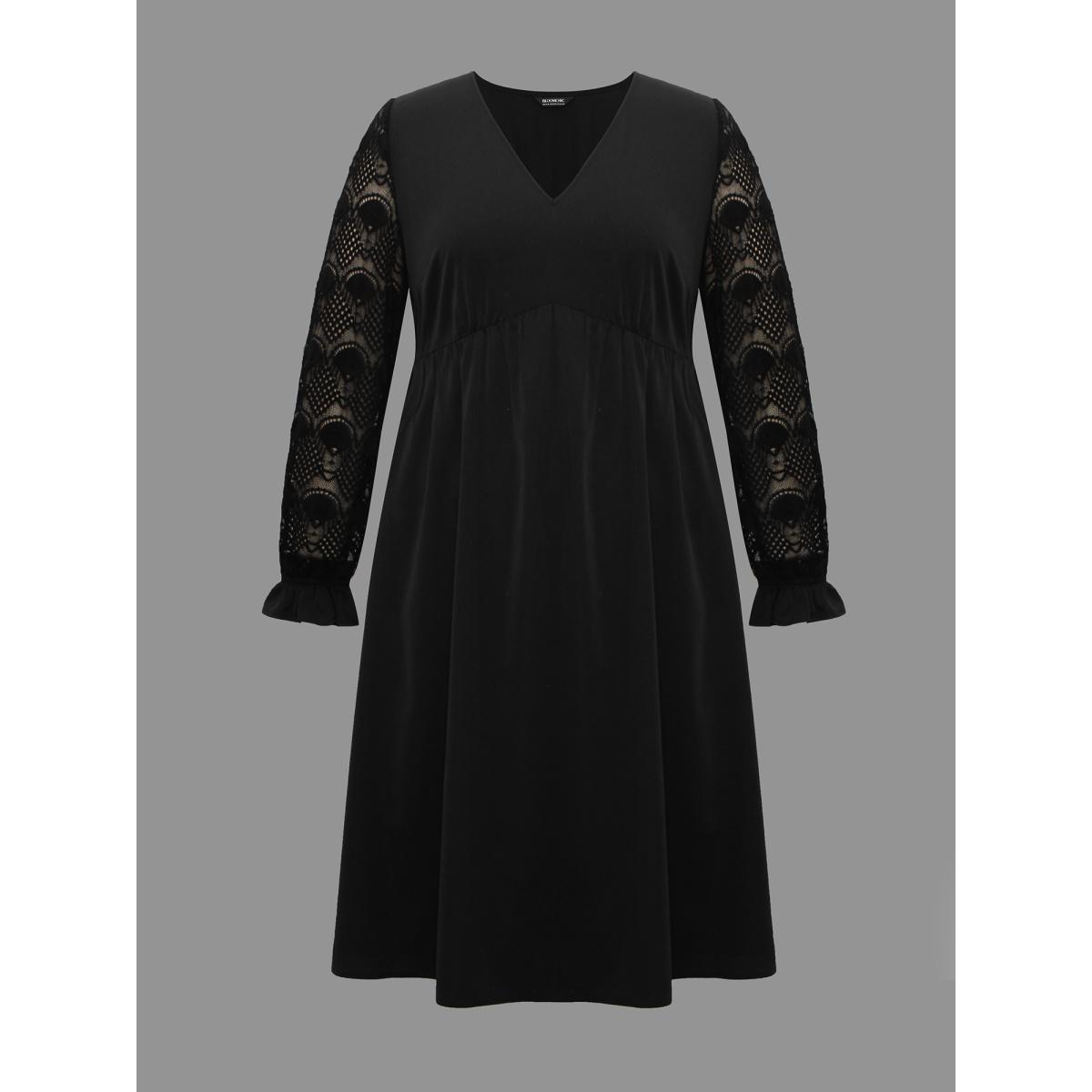 Plus Size V Neck Lace Patchwork Midi Dress Black Women Elegant Woven ribbon&lace trim V-neck Long Sleeve Curvy BloomChic 14-16/1X Product Image