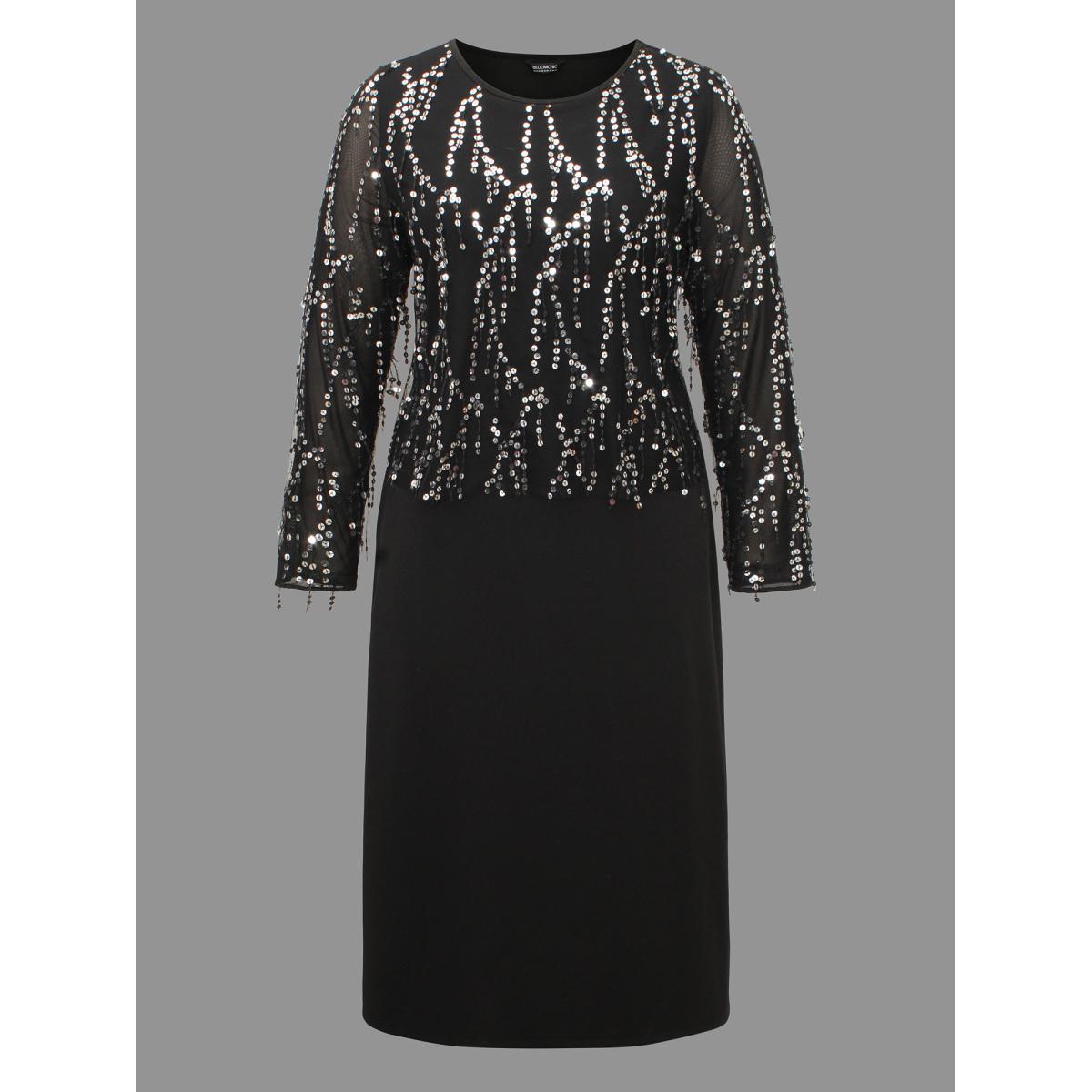 Plus Size Sequin Patchwork Mesh Split Hem Dress Black Women Cocktail Texture Round Neck Long Sleeve Curvy BloomChic 10/M Product Image