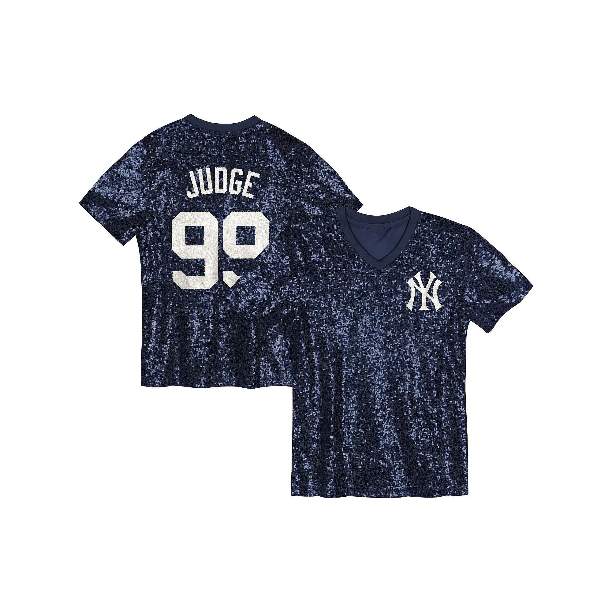 Juniors Aaron Judge Navy New York Yankees Name & Number Sequin V-Neck Top, Women's, Size: JR Large, Blue Product Image