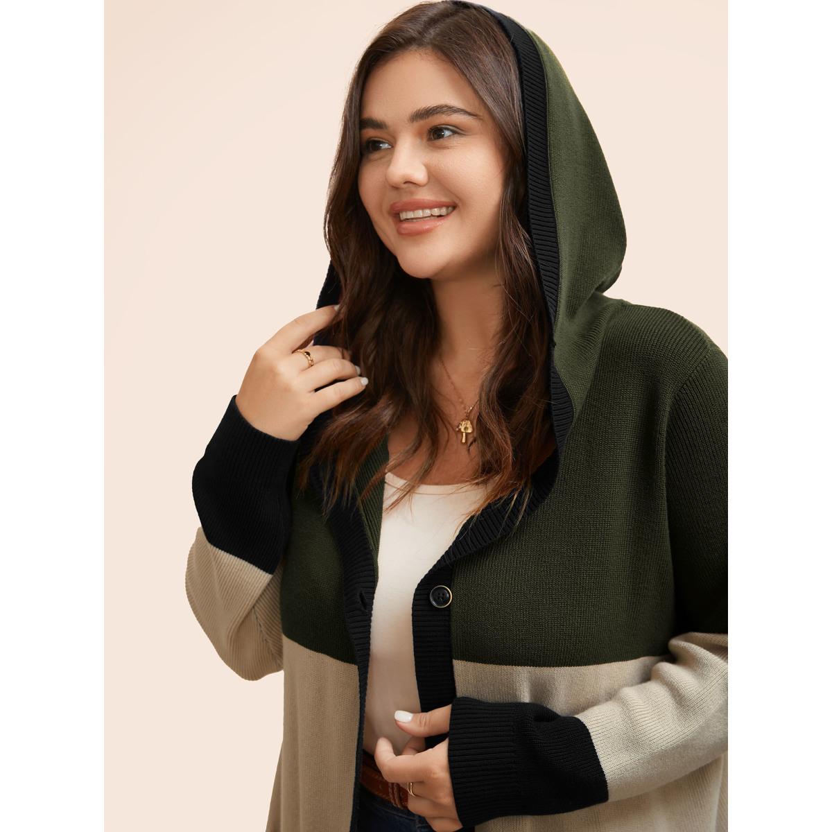 Plus Size Colorblock Contrast Patched Pocket Hooded Cardigan Browncoffeecolor Women Leisure Loose Long Sleeve Casual Cardigans BloomChic 30/6X Product Image