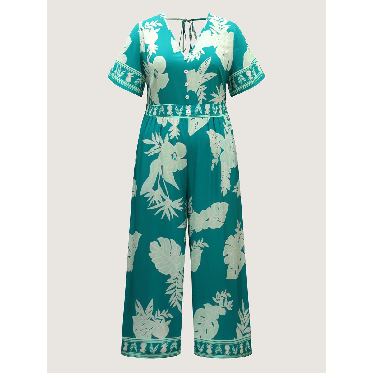 Plus Size LightGreen Rayon Tropical Leaf Button Detail Breezy Jumpsuit Women Resort Short sleeve V-neck Vacation Loose Jumpsuits BloomChic 28/5X Product Image