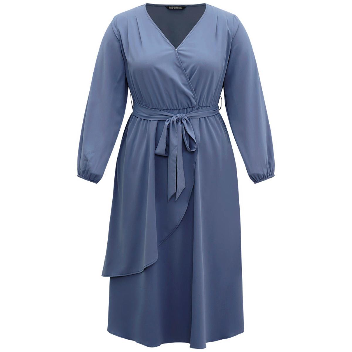 Plus Size Anti-Wrinkle Wrap Layered Belted Dress Stone Women Elegant Plain V-neck Long Sleeve Curvy Midi Dress BloomChic 10/M Product Image