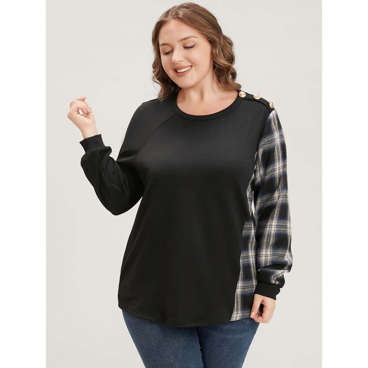 Plus Size Tartan Patchwork Button Detail Round Neck Sweatshirt Women Black Casual Contrast Round Neck Dailywear Sweatshirts BloomChic 30/6X Product Image