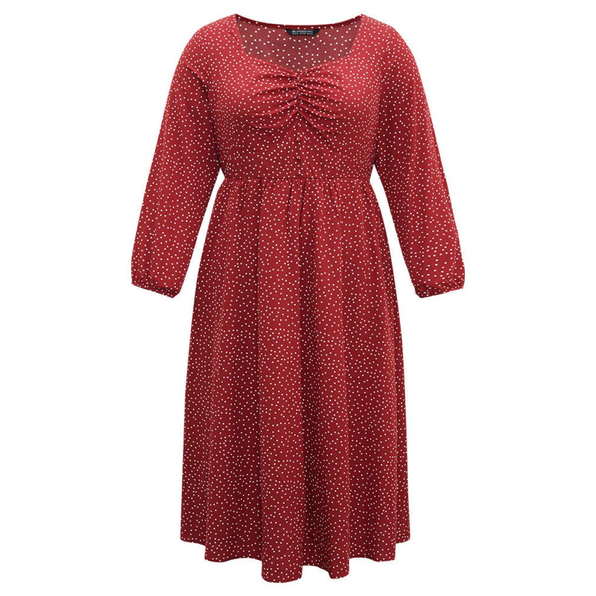 Plus Size Polka Dot Ruched Overlap Collar Pocket Dress Raspberry Women Elegant Elastic cuffs Square Neck Long Sleeve Curvy Midi Dress BloomChic 12/L Product Image